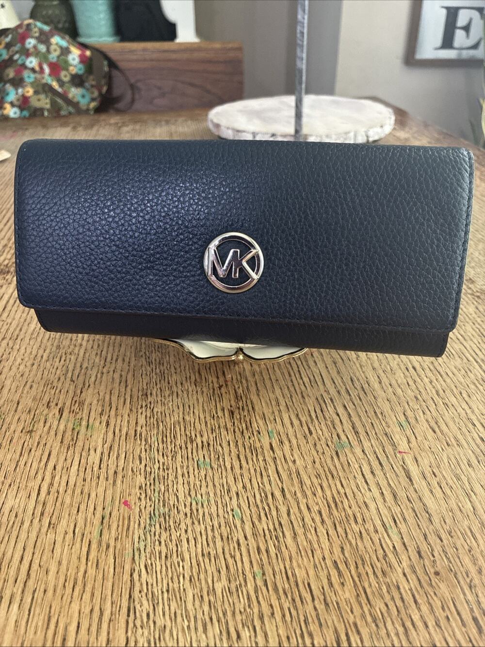 Michael Kors Fulton Flap Continental Wallet Navy Blue Pebbled Leather Silver
